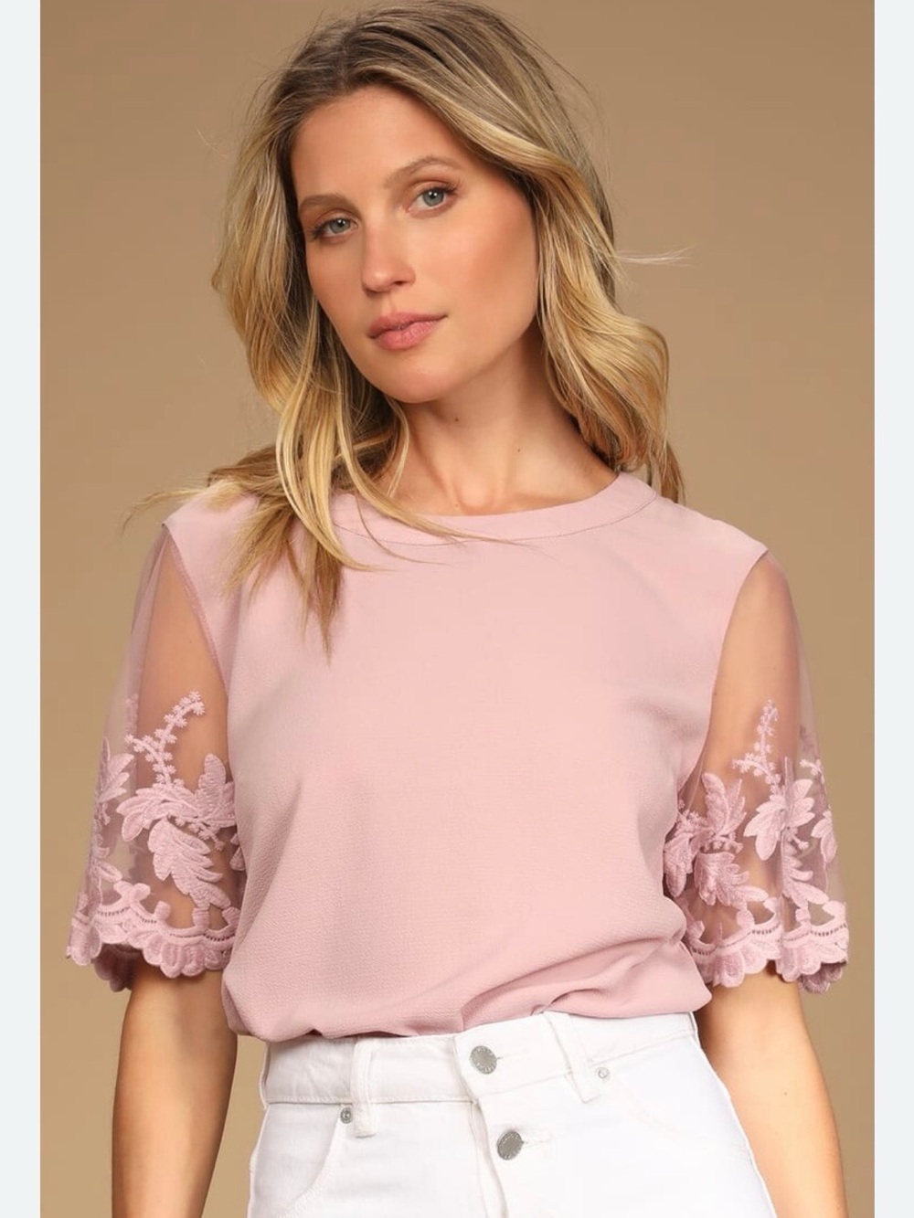 Lulus Blush Pink Lace Sleeve Blouse – NWT – Size Medium